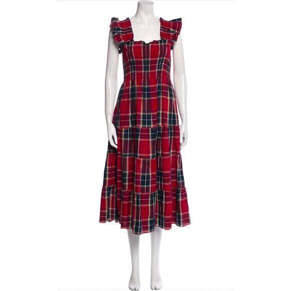 HILL HOUSE Tiered Red Green White Plaid Striped Dress – Medium - Picture 10 of 16